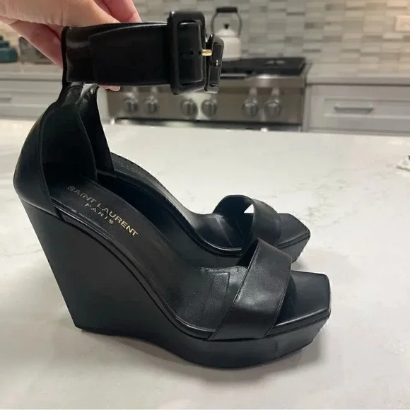 Saint Laurent Black Wedge Buckle Heel - Picture 4 of 14